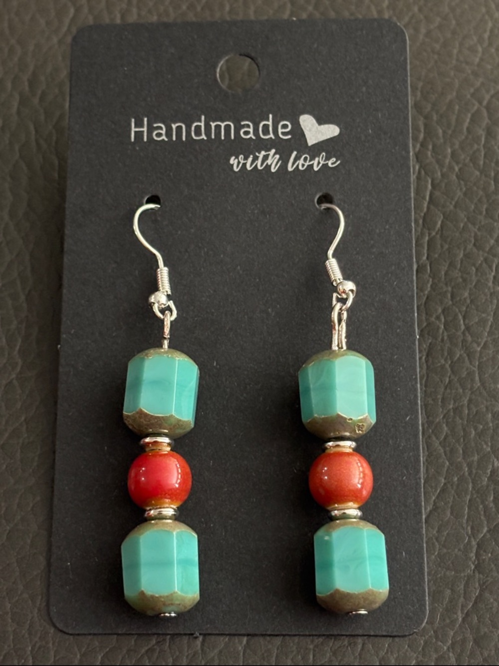 Handmade Turquoise and Red Bead Drop Earrings